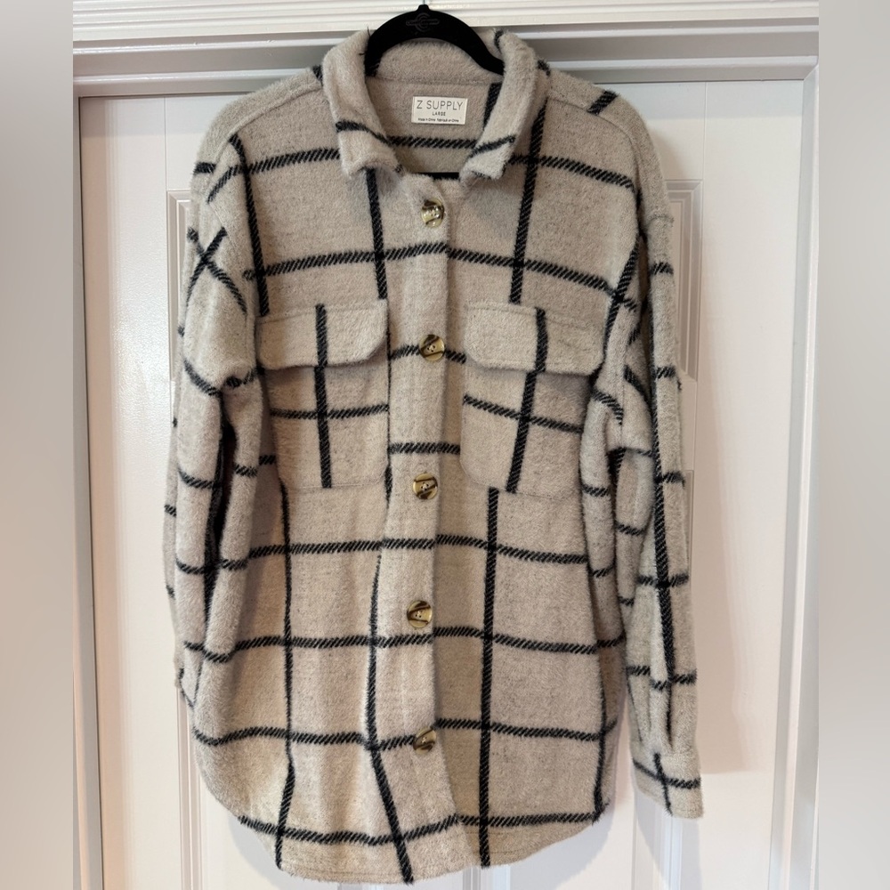 Z Supply Cream and Black Windowpane Teddy Shacket